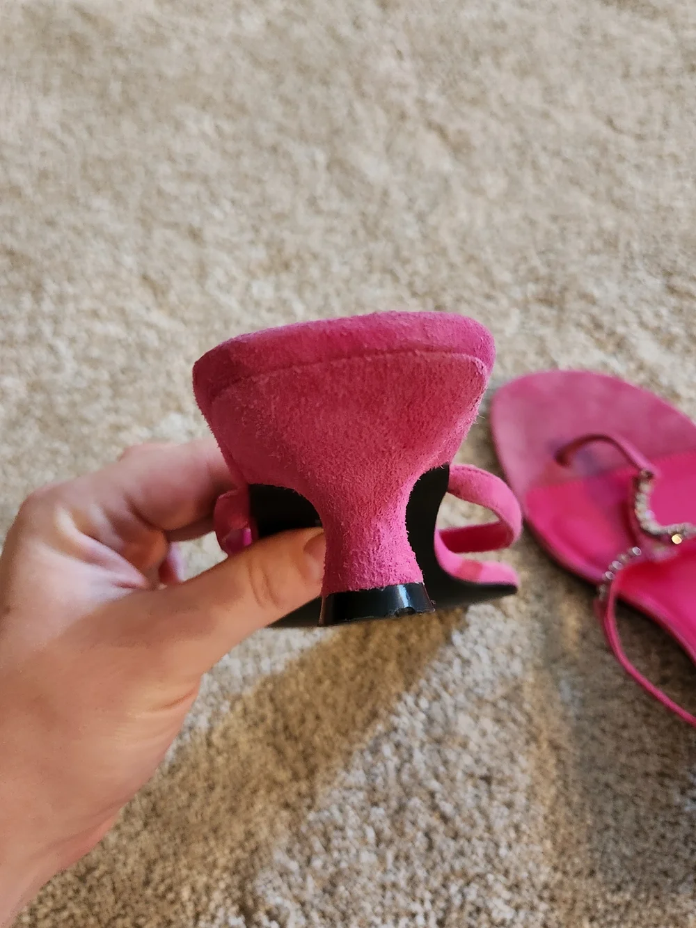 Y2K Vintage CL Chinese Laundry Hot Pink Rhinestone Chunky Kitten Heel Thong 9